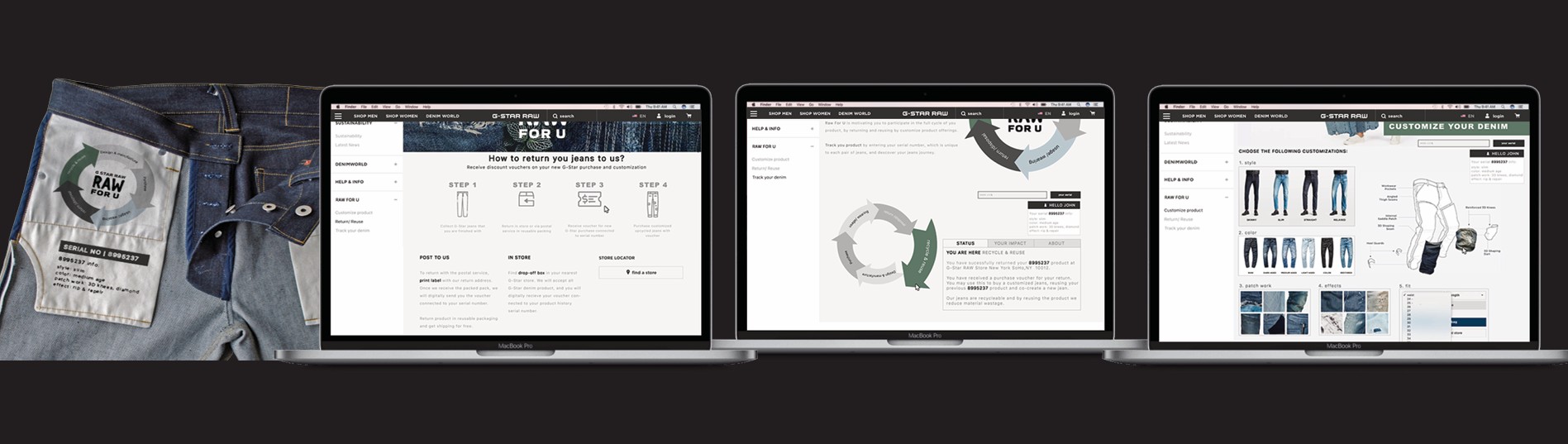 RAW for U platform — in-store screens, the serial-number hub, and customize/track interface